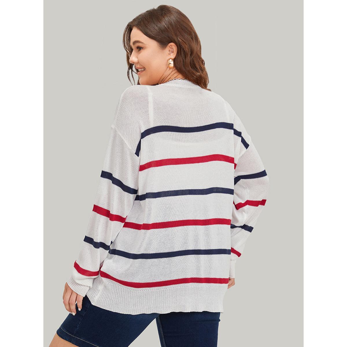 Plus Size Striped Contrast Drop Shoulder Pullover White Women Casual Bodycon Long Sleeve Round Neck Dailywear Pullovers BloomChic 30/6X Product Image