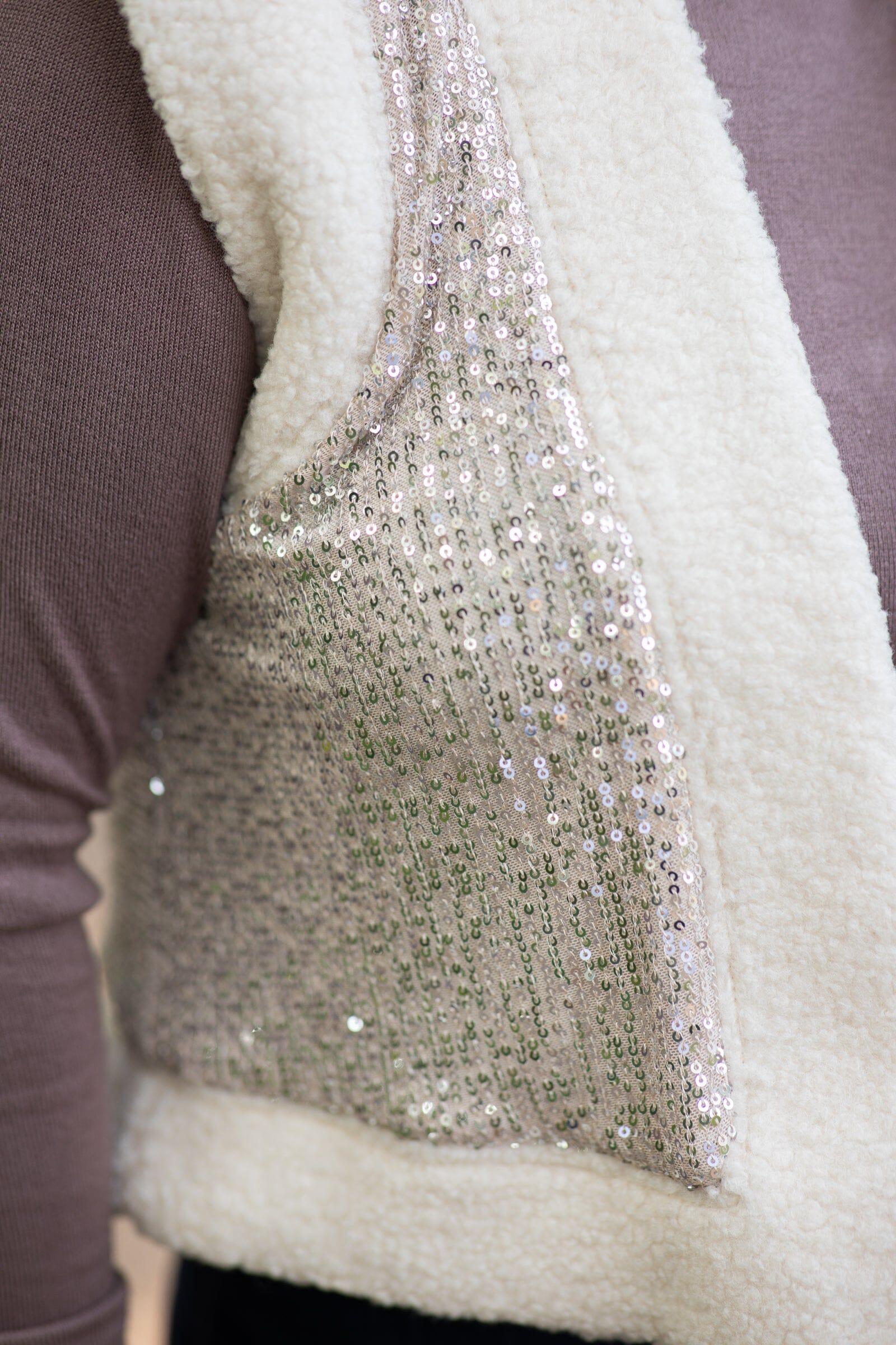 Cream and Silver Glitter Faux Fur Vest Product Image