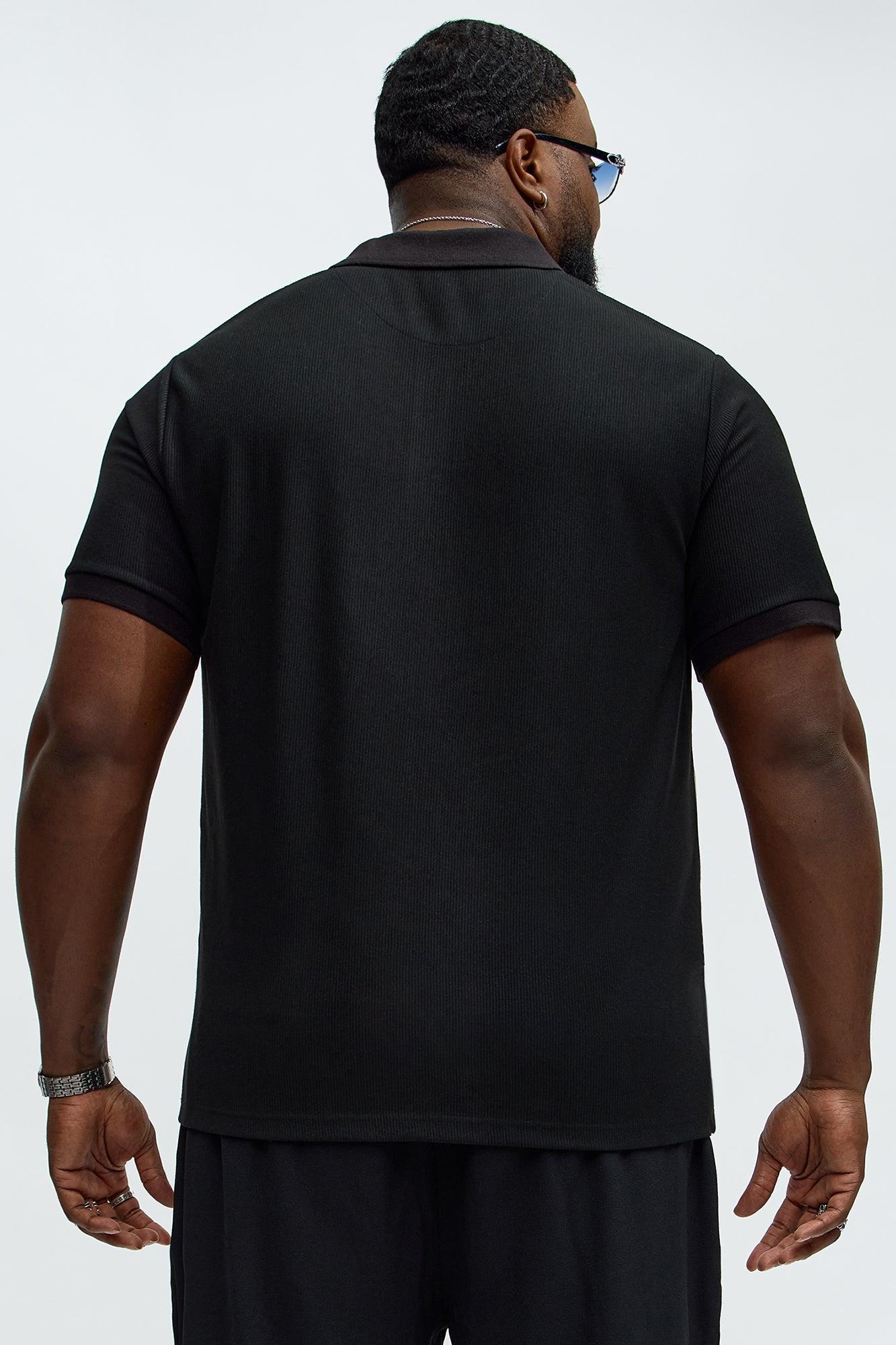 Textured Striped Quarter Zip Polo - Black Product Image