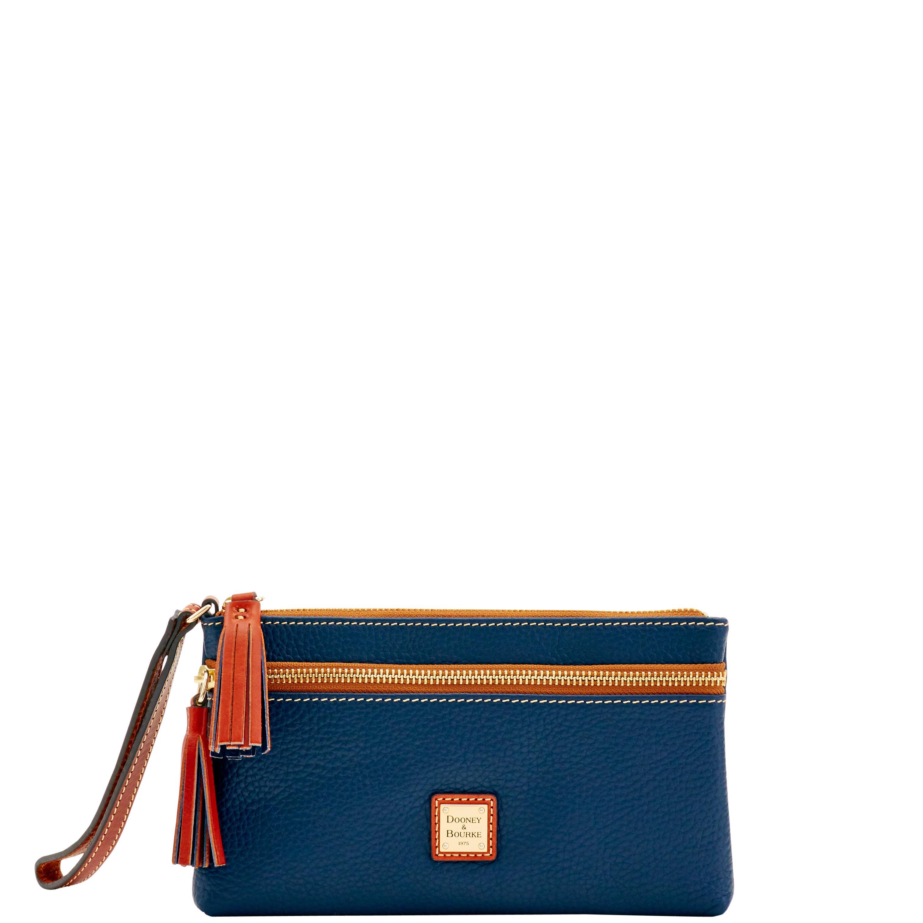 Dooney & Bourke Womens Pebble Grain Double Zip Leather Wristlet in Caramel Product Image