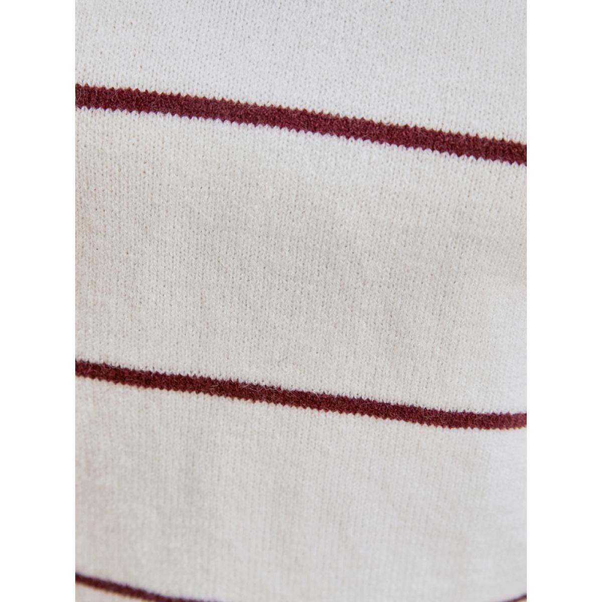 Plus Size Striped Contrast Super Soft Plush Knit V Neck Knit Top Ivory Women Casual Loose Long Sleeve V-neck Dailywear Pullovers BloomChic 26/4X Product Image