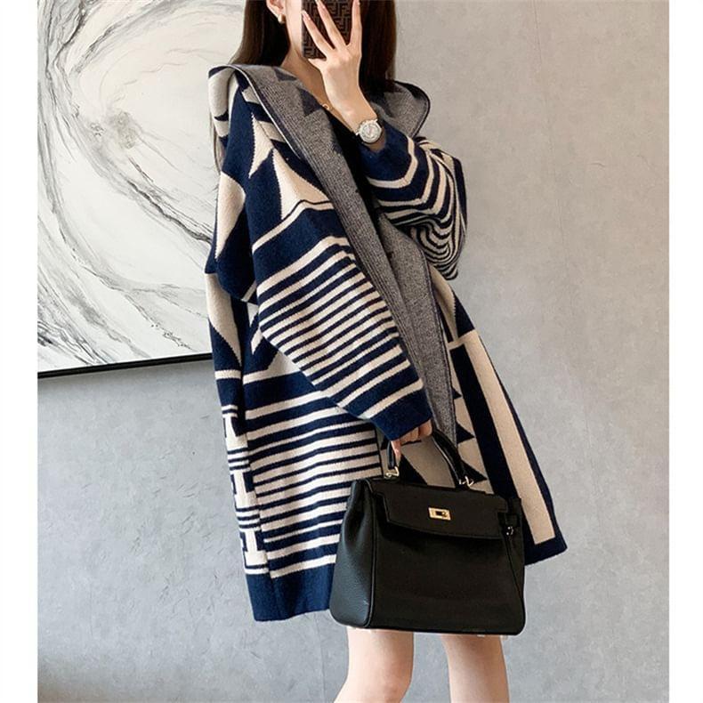 Geometric Print Hooded Open Front Long Cardigan Product Image