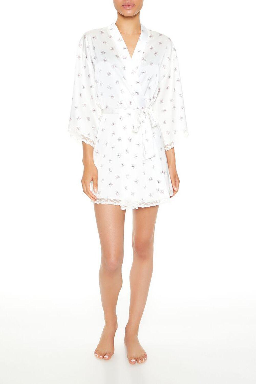 Lace-Trim Bow Print Satin Robe | Forever 21 Product Image