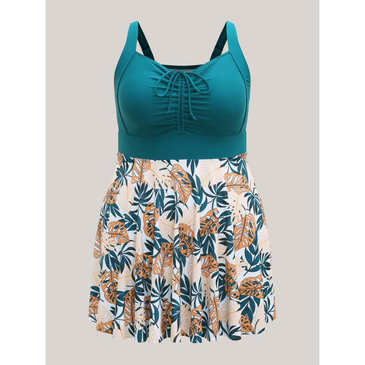 Plus Size Tropical Print Adjustable Drawstring Swim Dress Women's Swimwear Cyan Beach Bodycon Heart neckline High stretch Curve Swim Dresses BloomChic 30/6X Product Image
