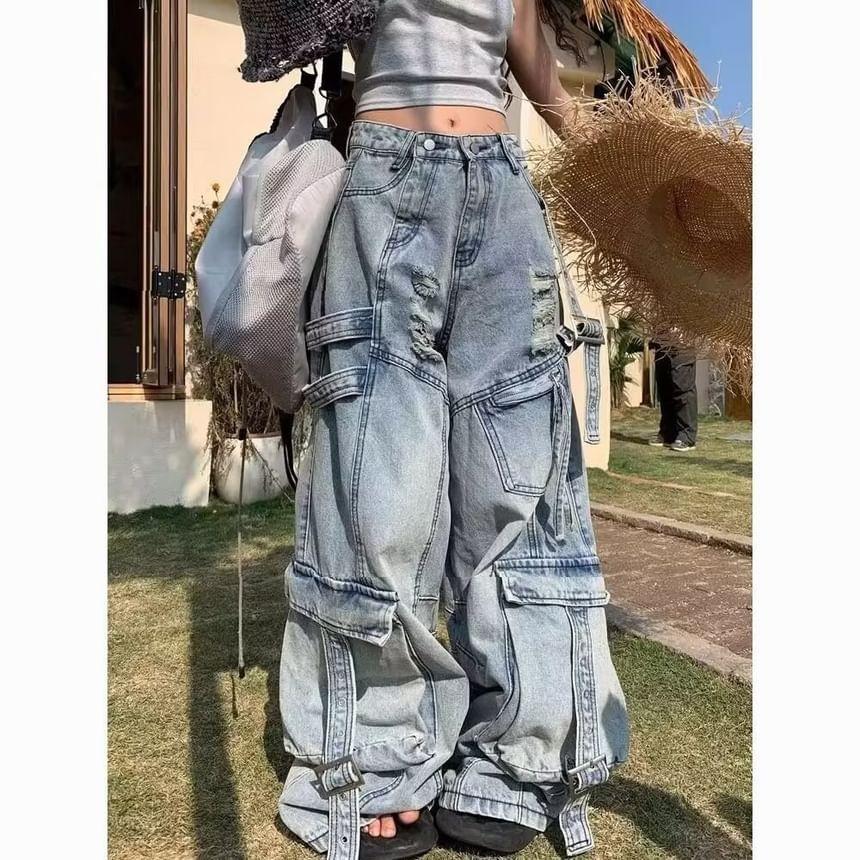 High Rise Washed Cargo Baggy Jeans Product Image