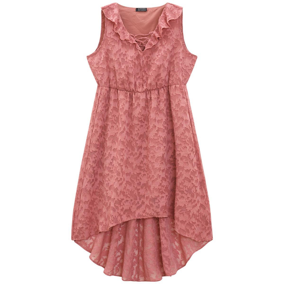 Plus Size Plain Ruffle Trim Pocket Tie Neck Lace Up Dress DustyPink Women Elegant Lined Tie Neck Sleeveless Curvy Midi Dress BloomChic 30/6X Product Image