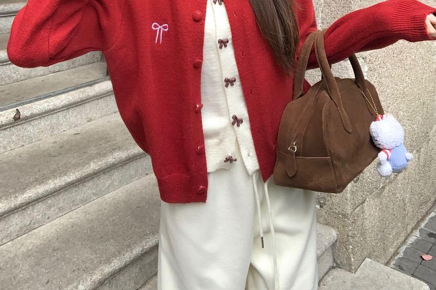 Bow-Accent Mock Two-Piece Crew-Neck Knit Top Product Image