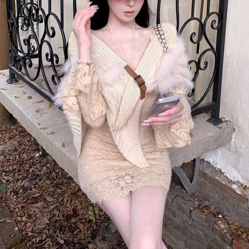 Long-Sleeve Halter Neck Off-Shoulder Plain Lace Mini Bodycon Dress Product Image