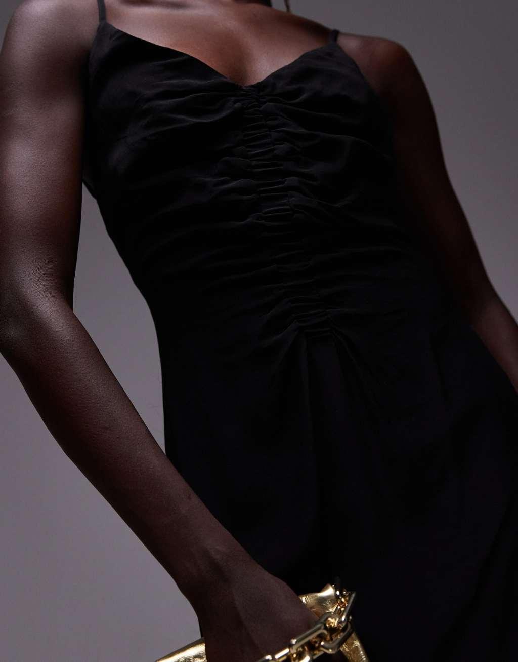 Topshop ruched maxi slip dress in black Product Image