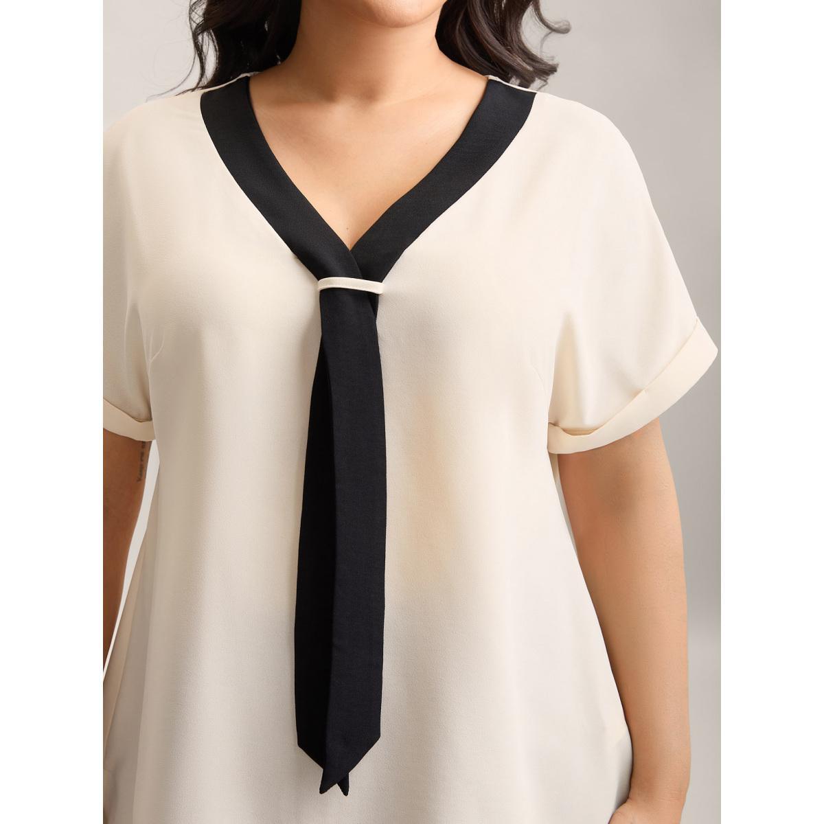 Plus Size Beige Collar Tie Color Contrast Blouse Women Short sleeve Ribbon-tied collar Work Blouses BloomChic 18-20/2X Product Image