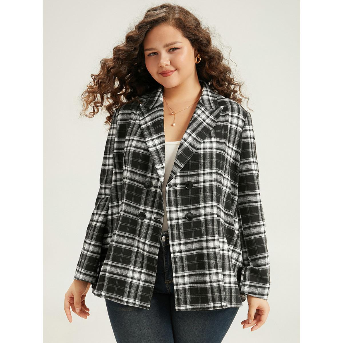 Plus Size Plaid Suit Collar Button Fly Blazer Black Women Work Plaid Contrast Sleeve Long Sleeve Suit Collar 28/5X Office Blazers BloomChic Product Image