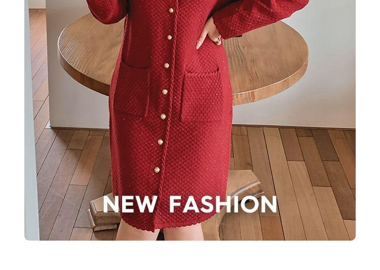Long Sleeve V-Neck Plain Glitter Button Knit Midi A-Line Dress Product Image