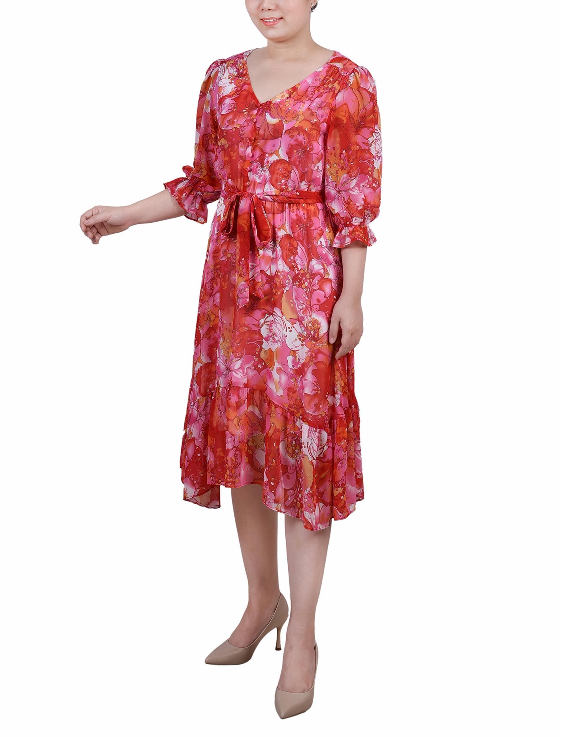 Ivory Fuchsia Coral 3/4 Sleeve V-Neck Flounced Dress Product Image