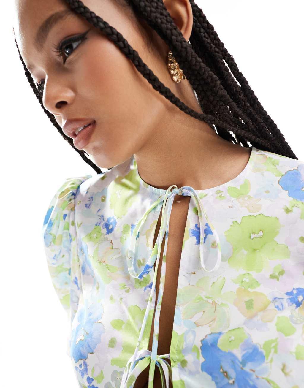 ASOS DESIGN peplum tie shirt top in green & blue floral Product Image