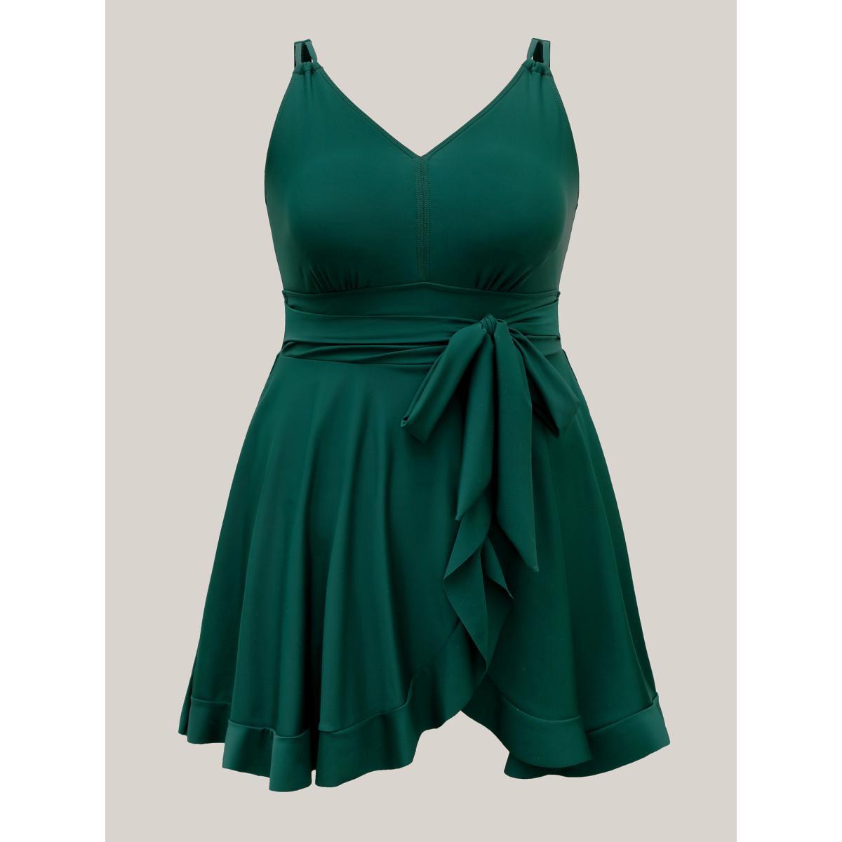 Plus Size Flared Hem Tied Adjustable Swim Dress Women's Swimwear DarkGreen Beach Bodycon V-neck High stretch Curve Swim Dresses BloomChic 10/M Product Image