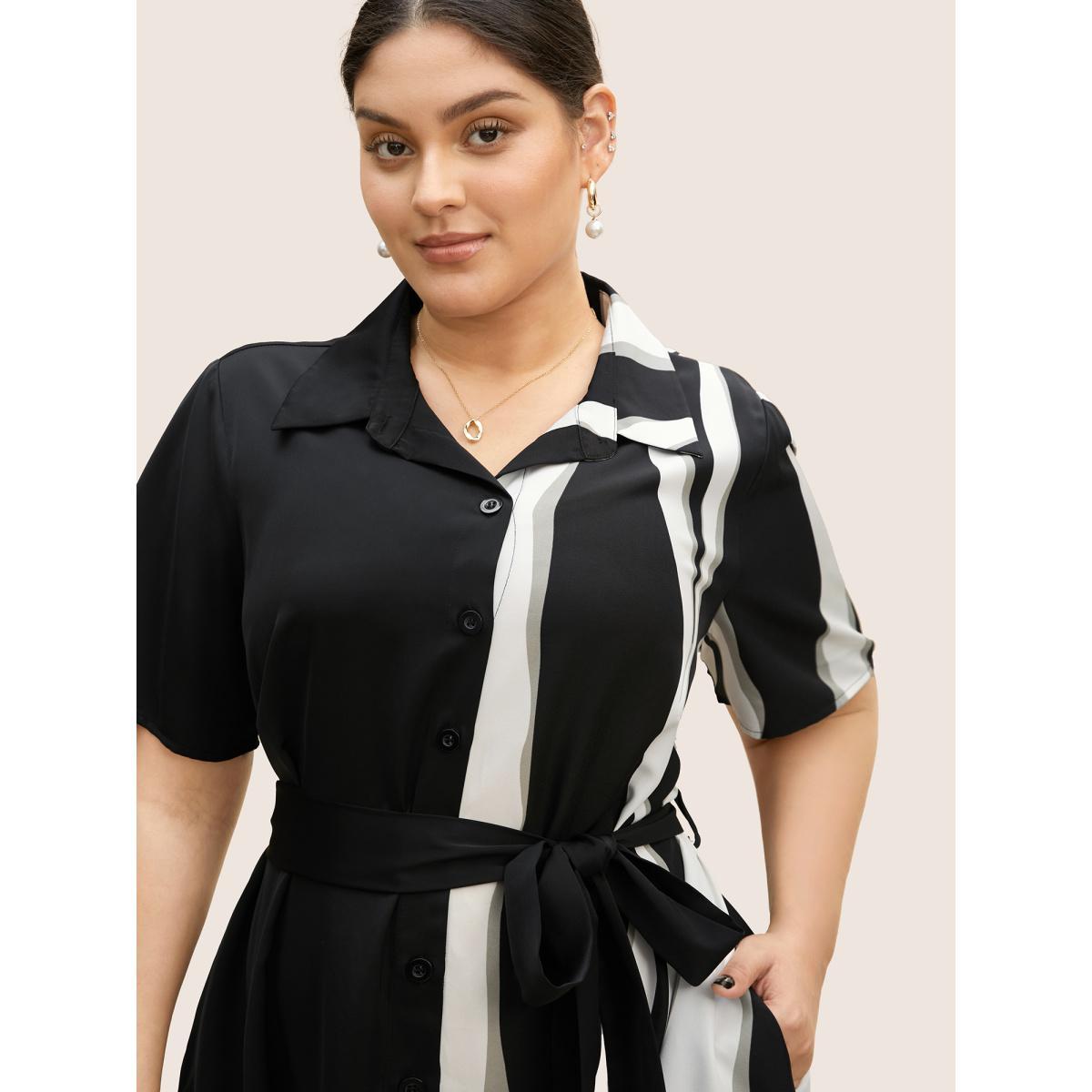 Plus Size Shirt Collar Striped Contrast Belted Midi Dress Black Women At the Office Belted Shirt collar Short sleeve Curvy BloomChic 18-20/2X Product Image