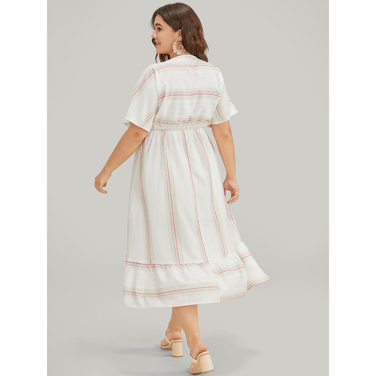 Plus Size Striped Contrast Flutter Hem Dolman Sleeve Pocket Split Wrap Dress Ivory Women Vacation Contrast V-neck Short sleeve Curvy Midi Dress BloomChic 22-24/3X Product Image