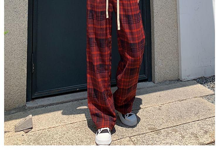 Drawstring Waist Plaid Loose Fit Pants Product Image