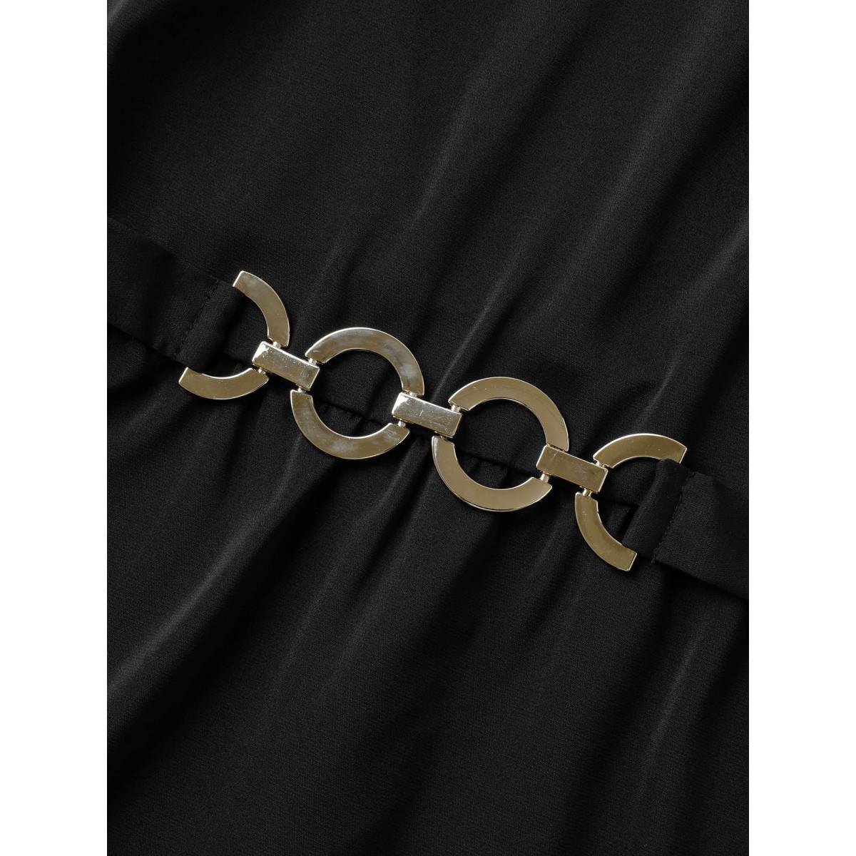 Plus Size Black Multiple Rings Buckle Belt Blouse Women Short sleeve Round Neck Work Blouses BloomChic 10/M Product Image