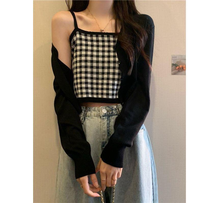 Long-Sleeve Plain Cardigan / Plaid Camisole Top Product Image