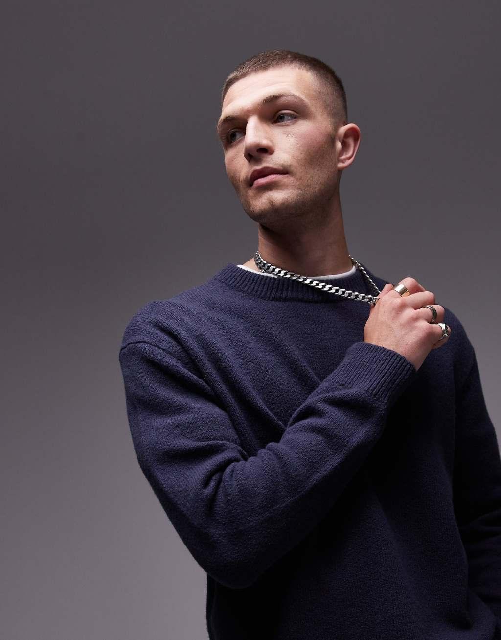 ARKET knit crew neck sweater in navy blue Product Image