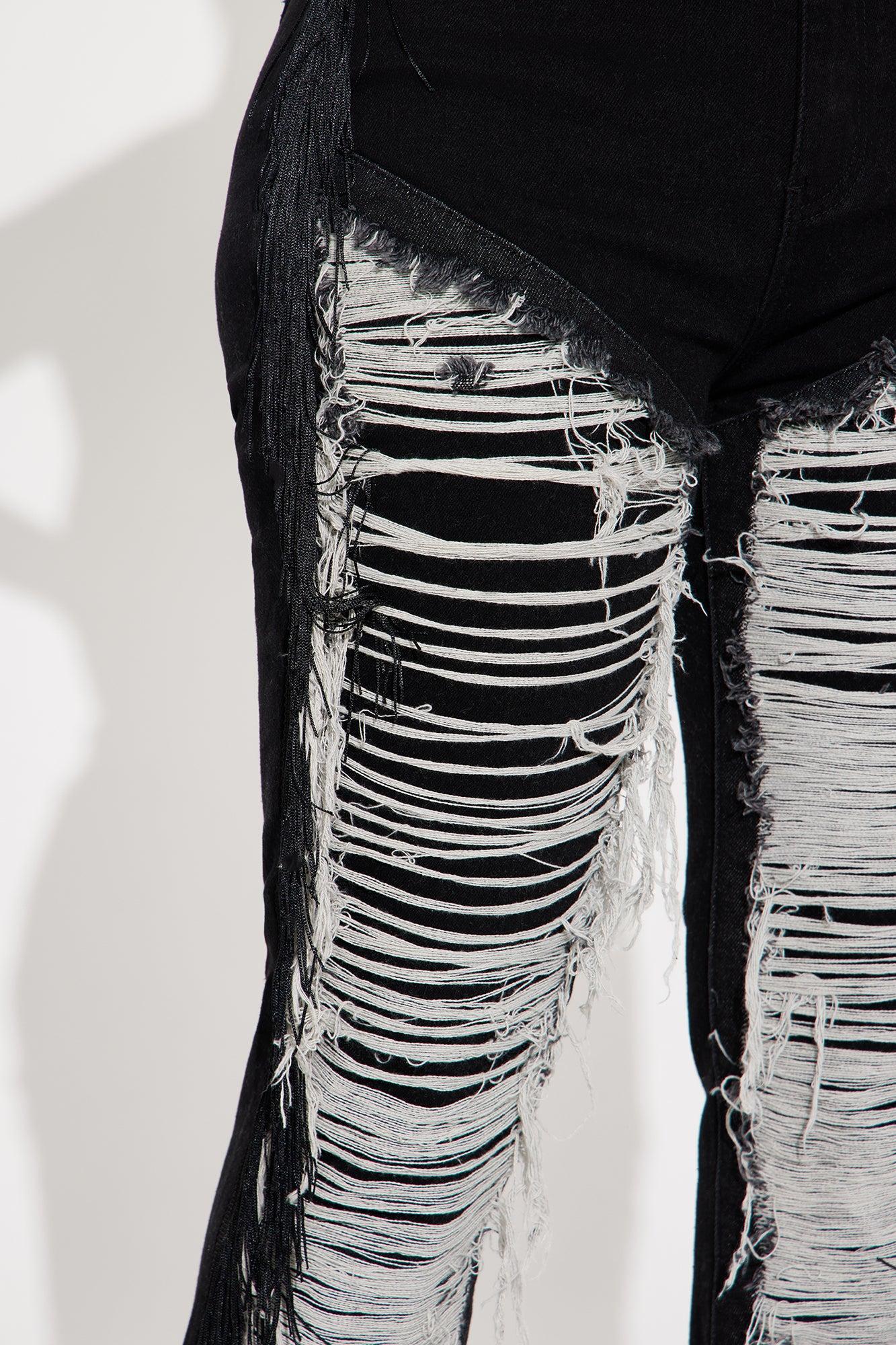 Make It Hotter Ripped Fringe Straight Leg Jeans - Black Wash Product Image
