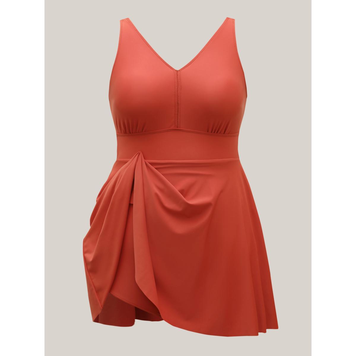 Plus Size Sewn-in-Belt Bow Pockets Swim Dress Women's Swimwear Salmon Beach Bodycon V-neck High stretch Curve Swim Dresses BloomChic 14-16/1X Product Image