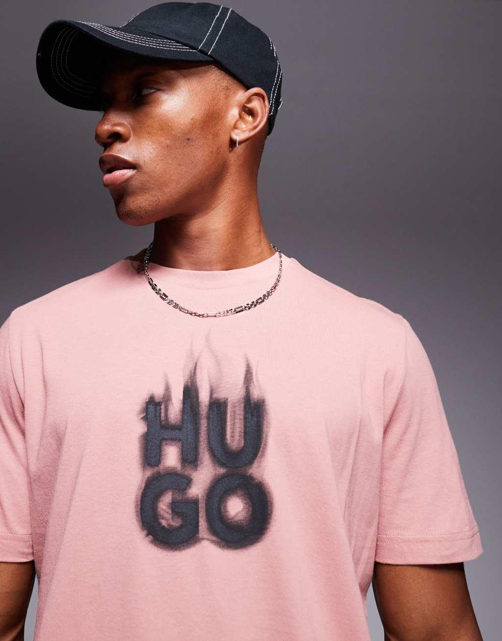 HUGO Red delayer chest print t-shirt with smoked stacked logo in pink Product Image