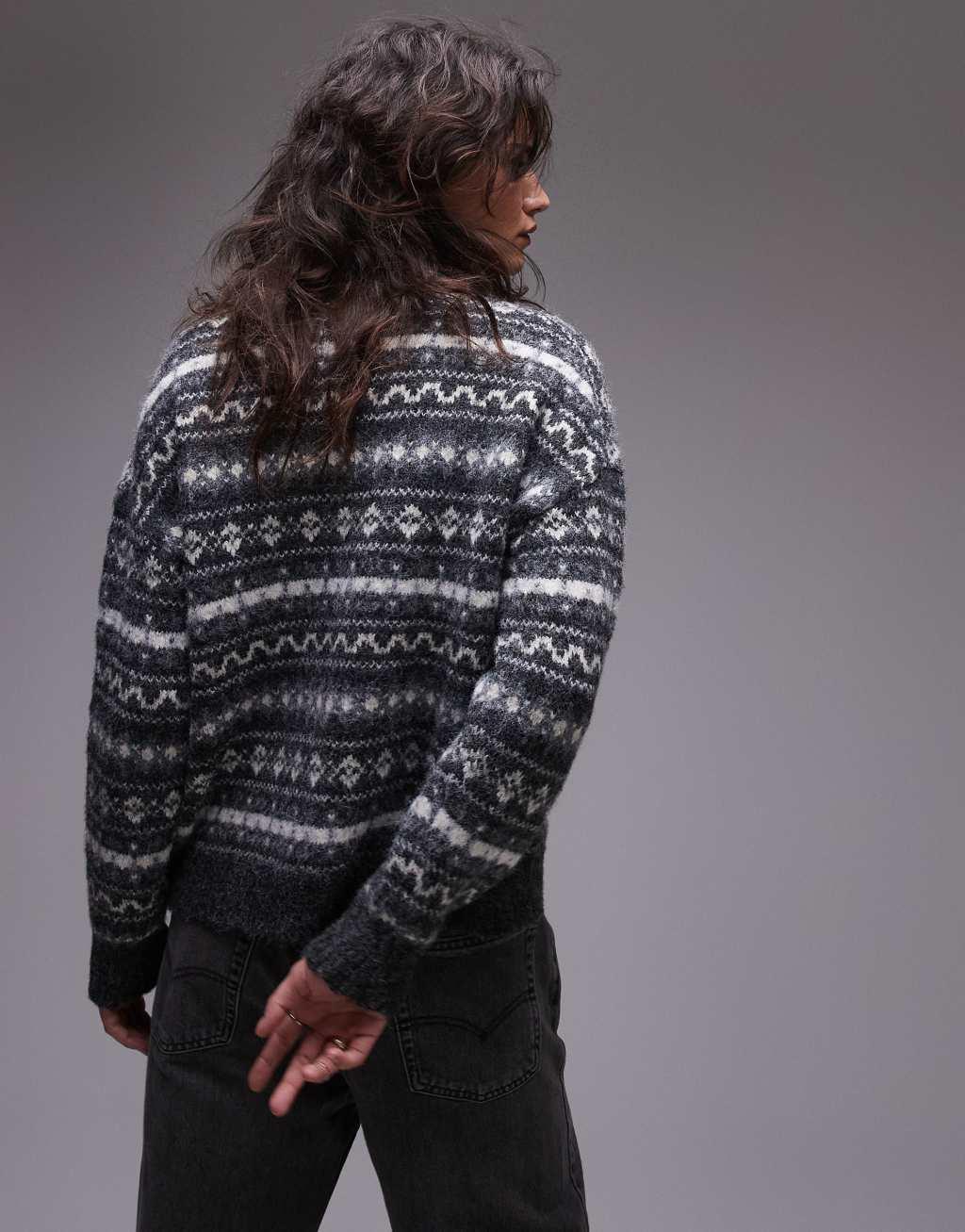 Topshop knitted all over fairisle print oversized sweater in gray Product Image