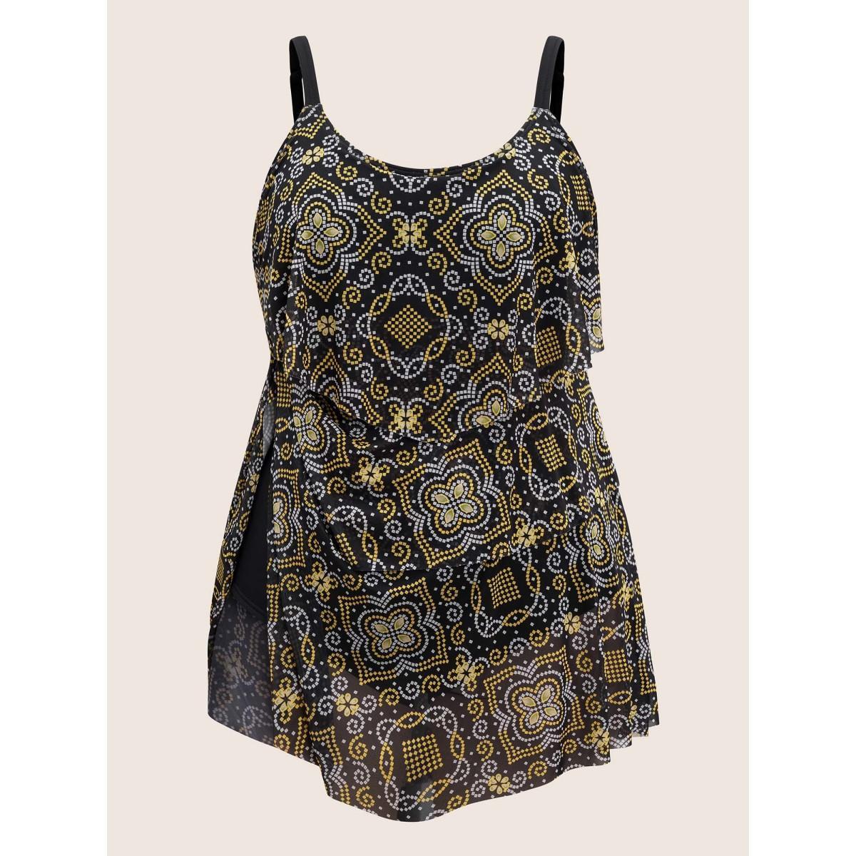 Plus Size Moroccan Print Mesh Adjustable Straps Swim Dress Women's Swimwear Black Beach Bodycon U-neck High stretch Curve Swim Dresses BloomChic 18-20/2X Product Image