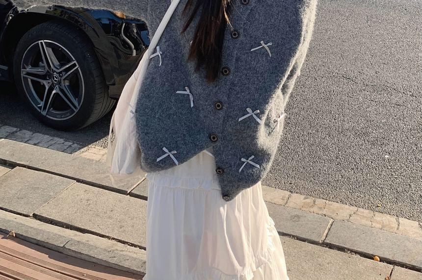 Crewneck Ribbon Accent Plain Cardigan Product Image