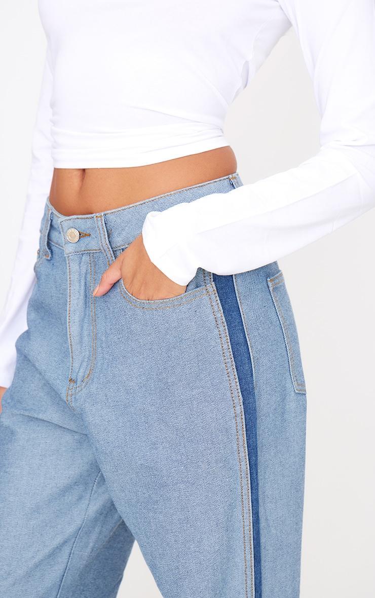 Mid Blue Wash Contrast Panel Denim Straight Leg Jeans Product Image
