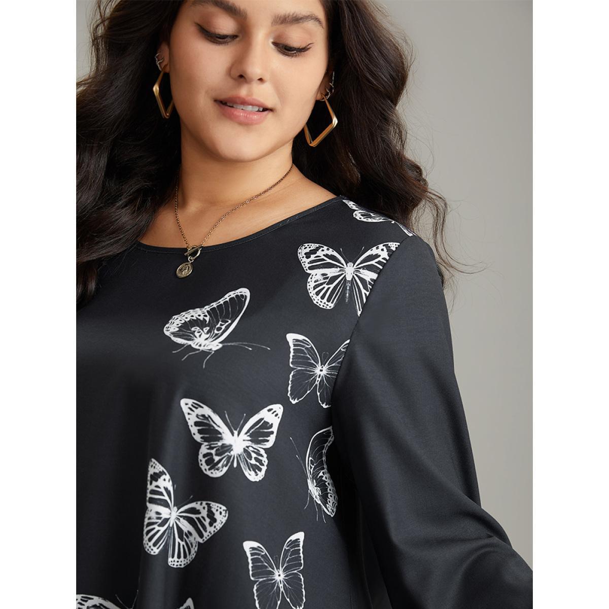 Plus Size Black Butterfly Crew Neck Lantern Sleeve Hanky Hem Blouse Women Elegant Long Sleeve Round Neck Work Blouses BloomChic 30/6X Product Image
