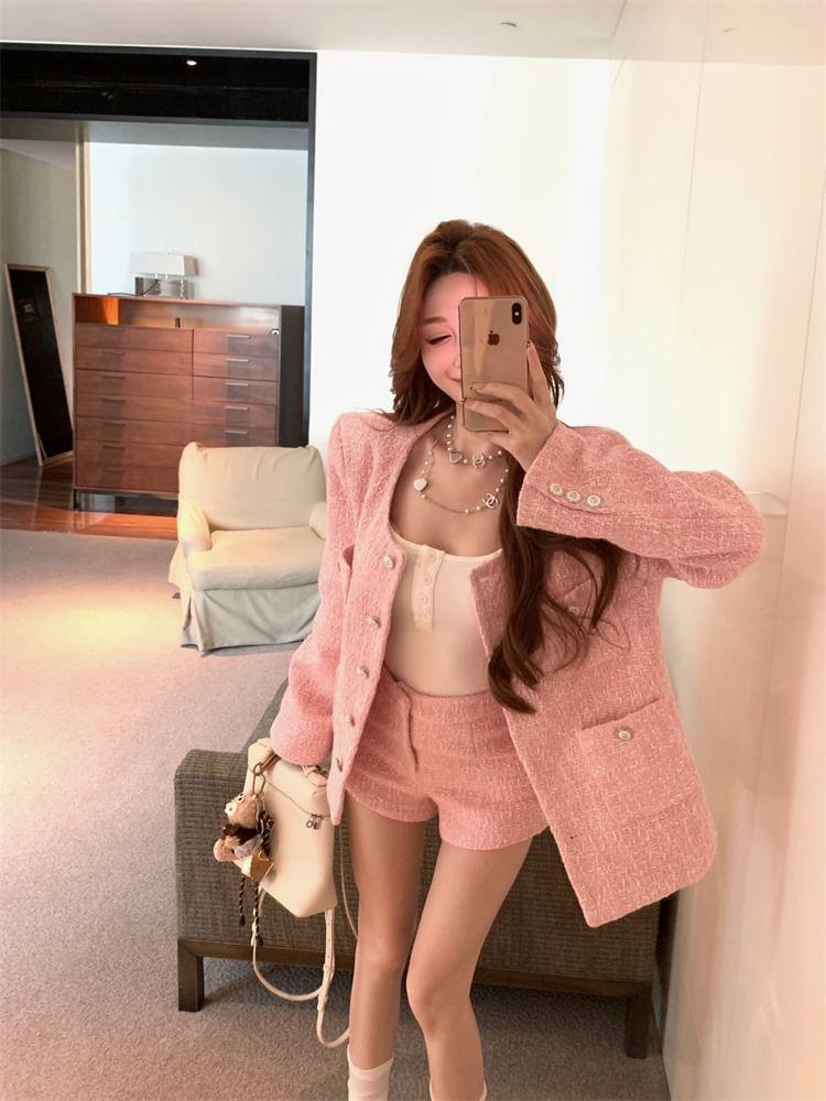Tweed Button-Up Jacket / High Waist Shorts Product Image