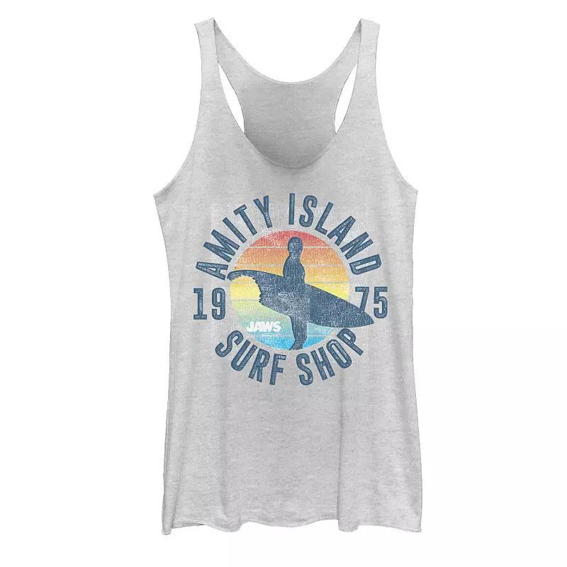 Juniors' Jaws Amity Island Surf Shop 1975 Graphic Tank Top, Girl's, Size: Large, White Grey Product Image