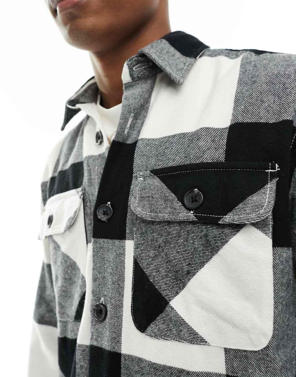 Jack & Jones oversized buffalo plaid overshirt in white & black Product Image