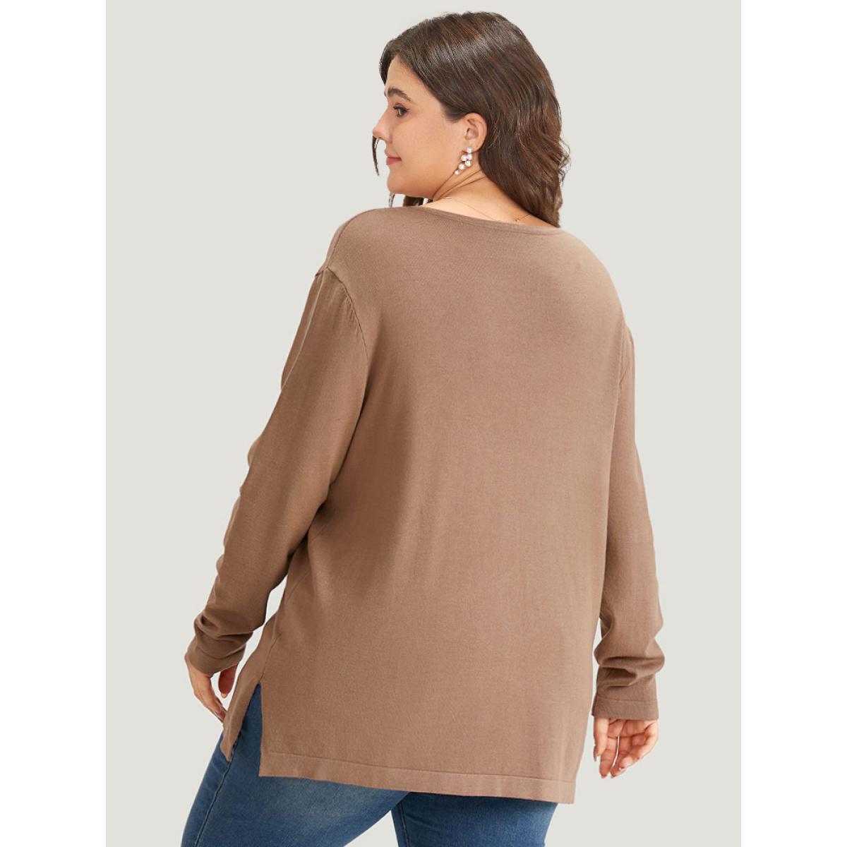 Plus Size Supersoft Essentials Crisscross Neck Split Side Pullover Tan Women Casual Loose Long Sleeve V-neck Dailywear Pullovers BloomChic 12/L Product Image