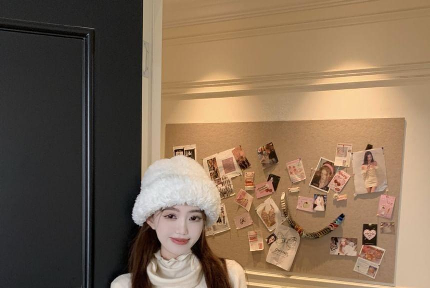 Button-Up Plain Crop Cardigan / Long-Sleeve Turtleneck Knit Top Product Image