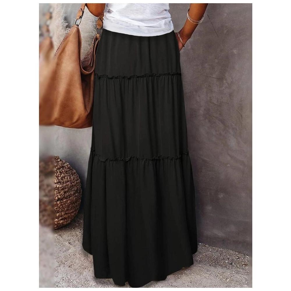 Womens Casual High Waist Tiered Skirts Long Maxi Skirt with Pockets Elastic Waisted Drawstring Swing Maxi Full Length Skirts Product Image