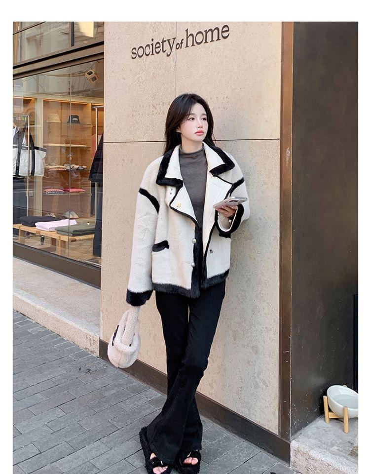 Stand Collar Contrast Trim Fluffy Button-Up Jacket Product Image