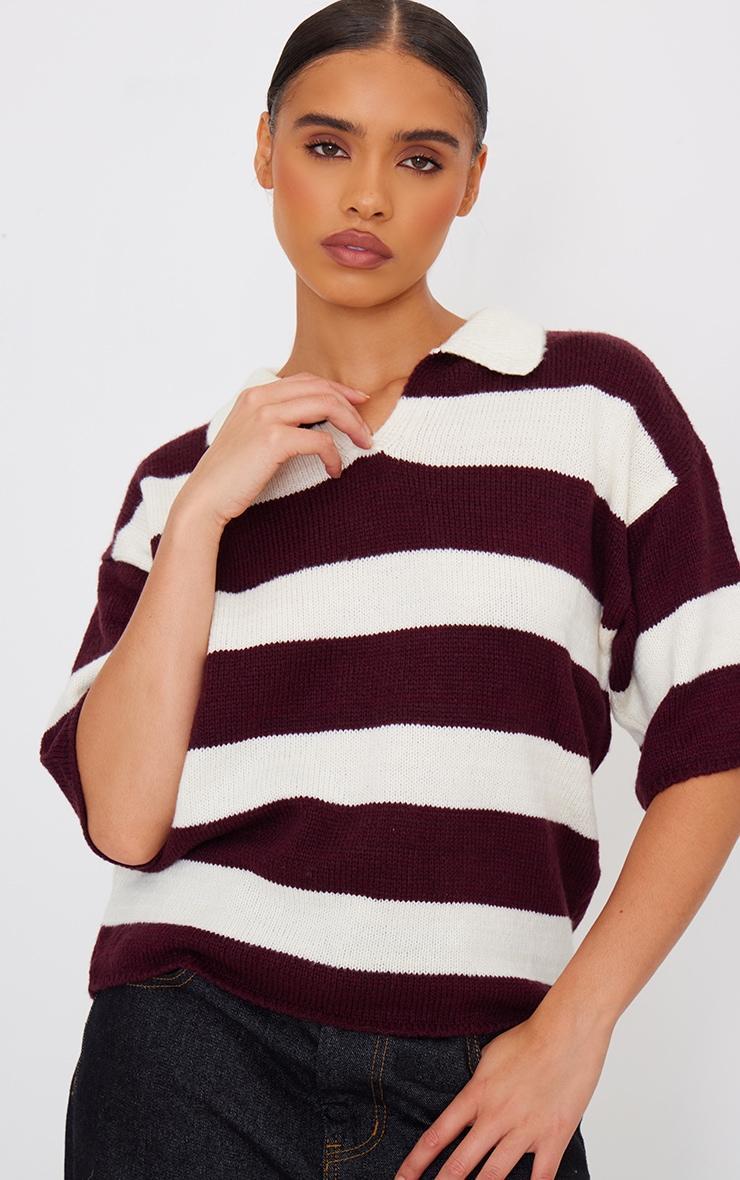 Burgundy Stripe Knit V Neck Oversized Rugby Top Product Image
