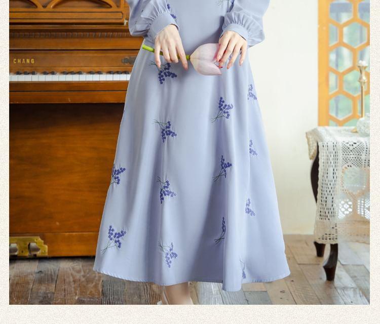 Long Sleeve V-Neck Floral Embroidered Midi A-Line Wrap Dress Product Image