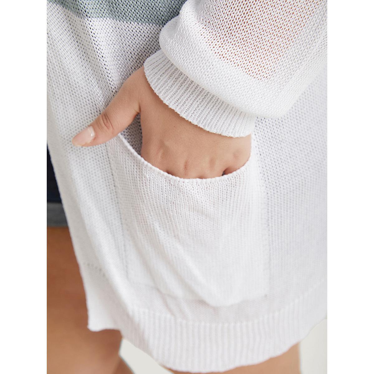 Plus Size Colorblock Pocket Drop Shoulder Elastic Cuffs Contrast Cardigan Pink Women Casual Loose Long Sleeve Dailywear Cardigans BloomChic 18-20/2X Product Image