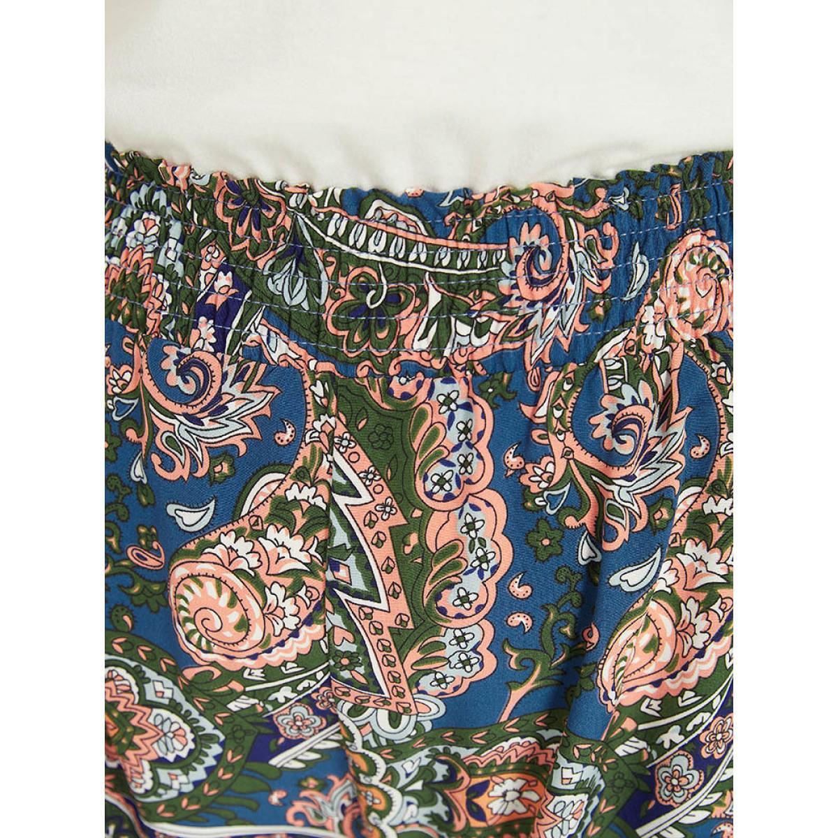 Plus Size Paisley Print Shirred Pocket Elastic Waist Pants Women Indigo Elegant High Rise Dailywear Pants BloomChic 18-20/2X Product Image