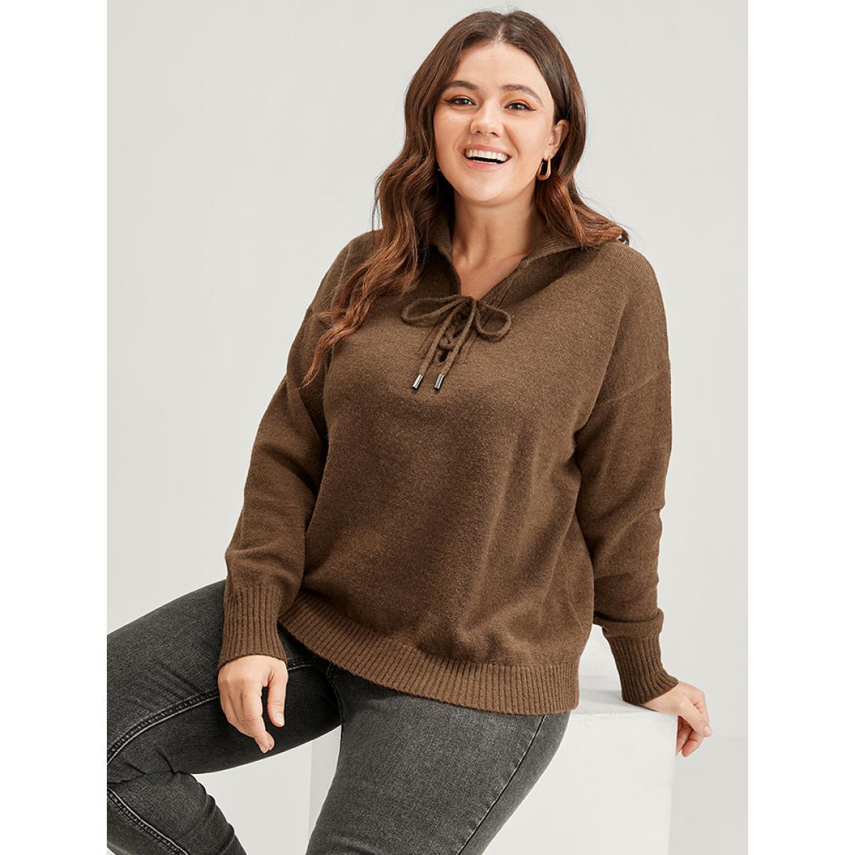 Plus Size Solid Super Soft Plush Knit Lace Up Knit Top Bronze Women Casual Loose Long Sleeve Lapel Collar Dailywear Pullovers BloomChic 26/4X Product Image