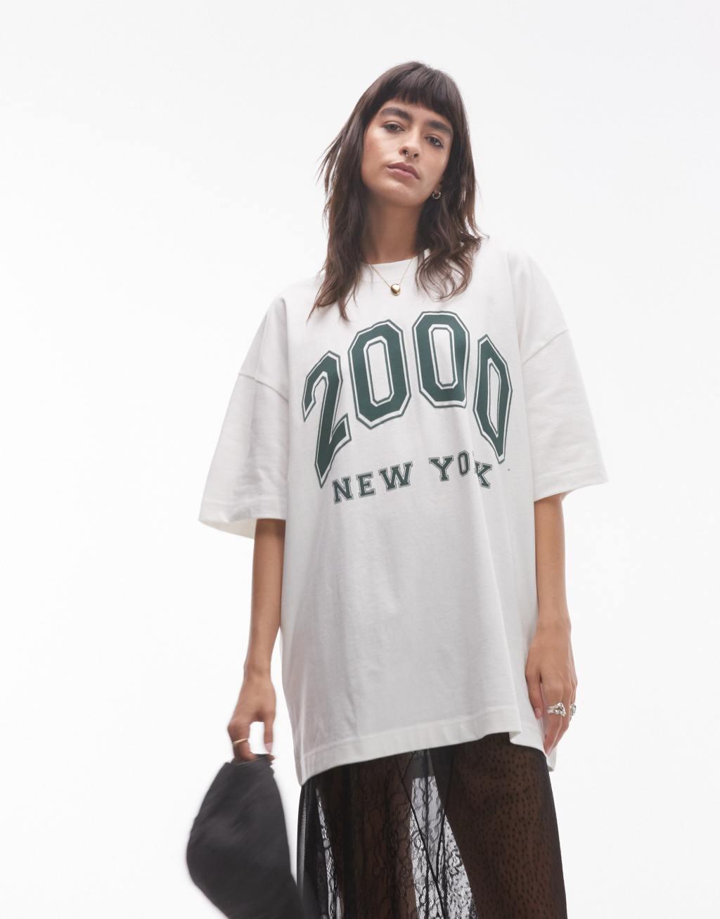 Topshop premium graphic 2000 New York oversize tee in white Product Image