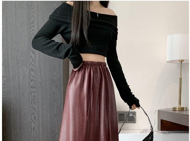 Drawstring Waist Plain Faux Leather Midi A-Line Skirt Product Image