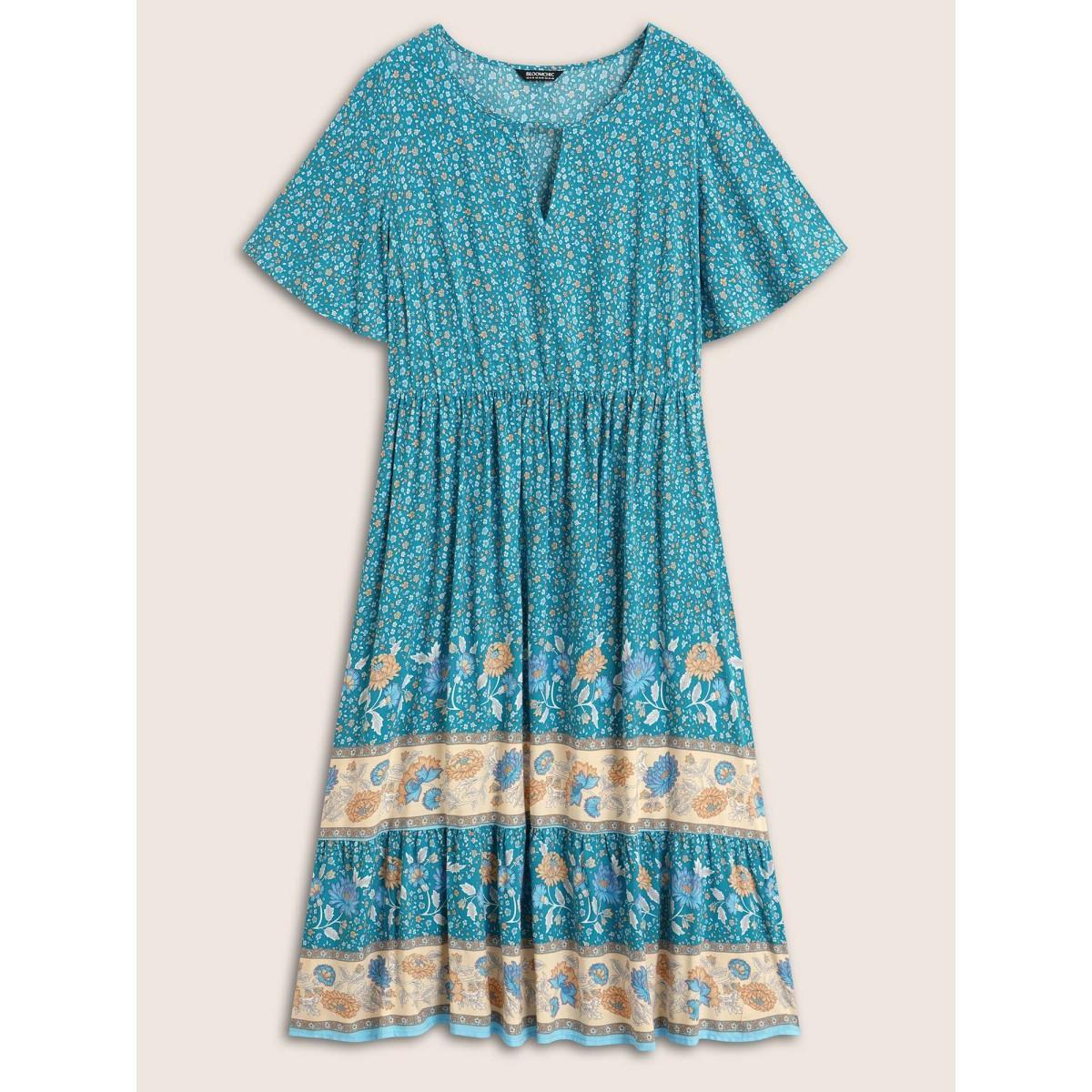 Plus Size Bandana Keyhole Ruffle Sleeve Midi Dress Mediumblue Women Resort Gathered Notched collar Short sleeve Curvy BloomChic 12/L Product Image