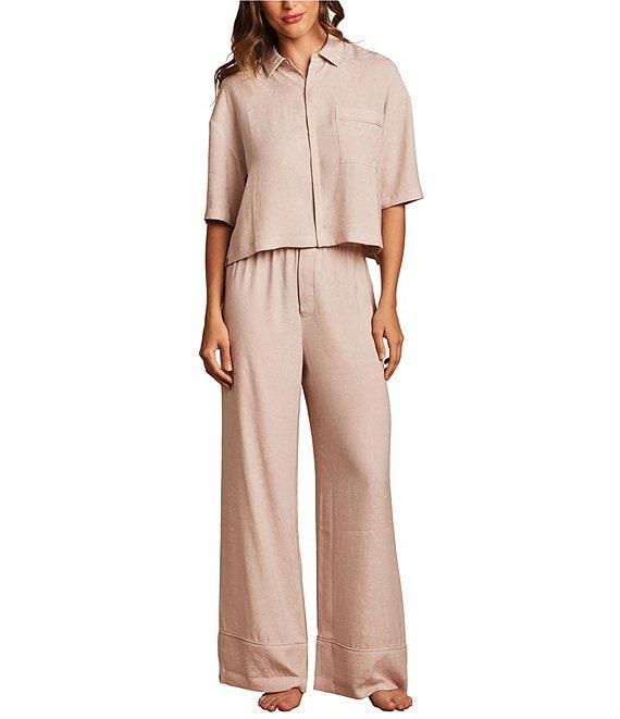 Barefoot Dreams Washed Satin Notch Collar Jacquard 3/4 Sleeve Coordinating Cropped Sleep Top Product Image
