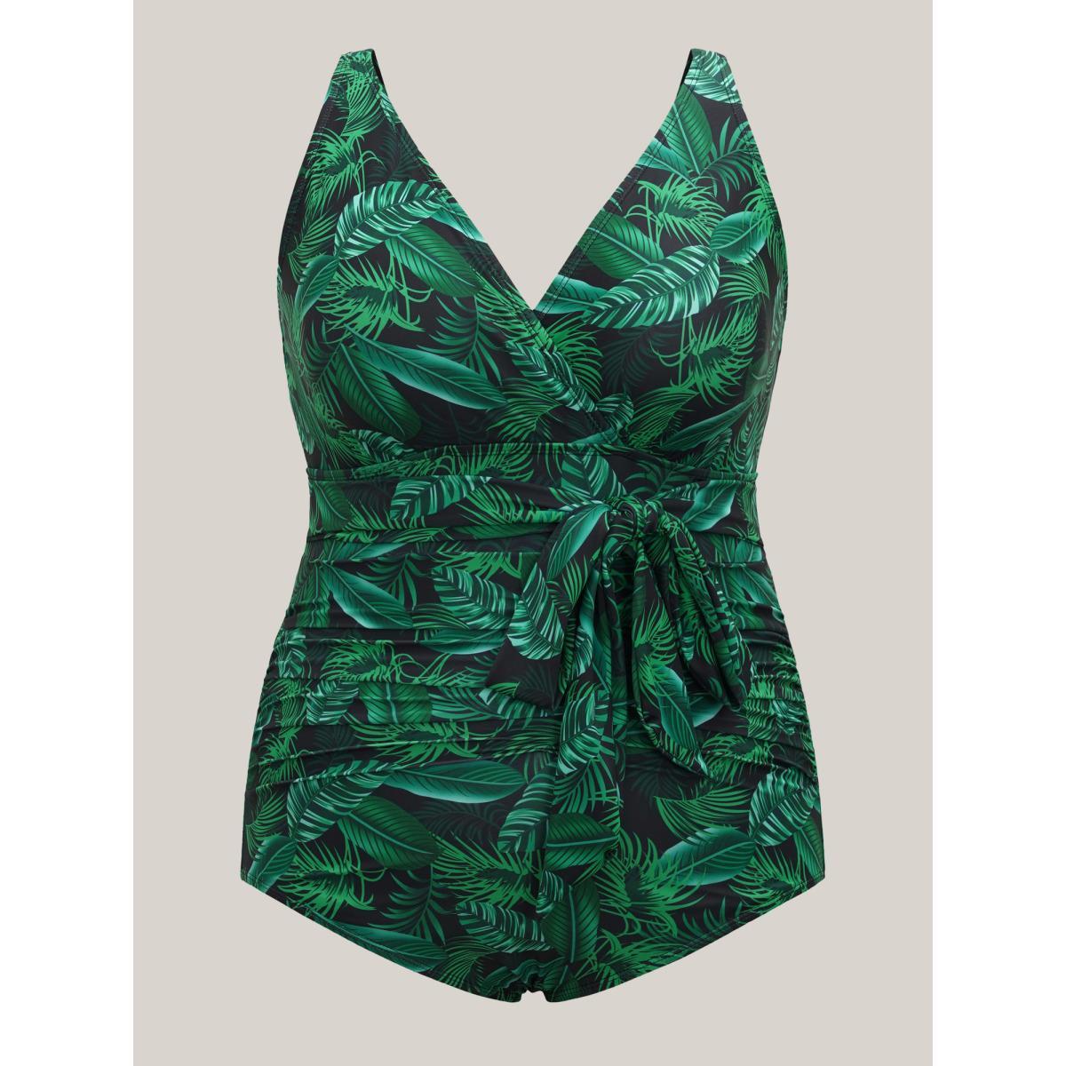 Plus Size Tropical Leaf Print One-Piece Swimsuit Women's Swimwear DarkGreen Beach Tie knot Curve Bathing Suits High stretch One Pieces BloomChic 14-16/1X Product Image